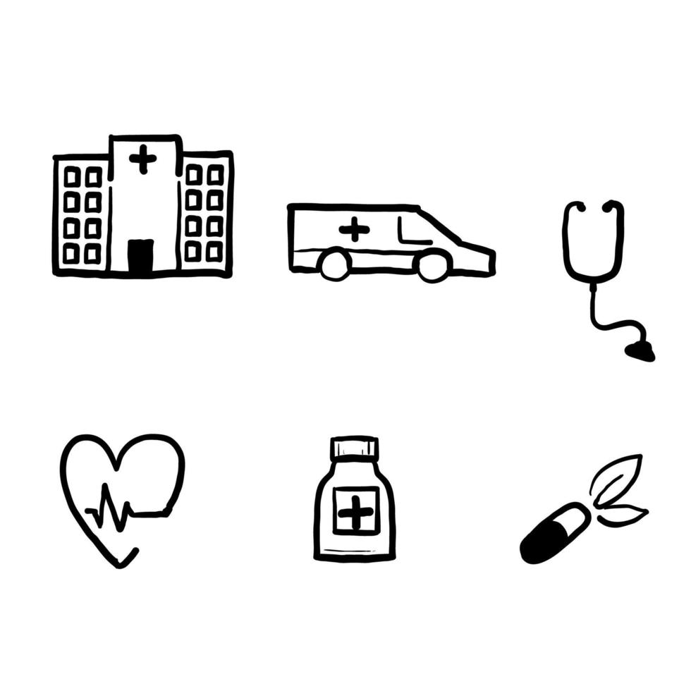 conjunto de ilustraciones vectoriales relacionadas con el hospital y la medicina dibujadas a mano con un simple garabato vector