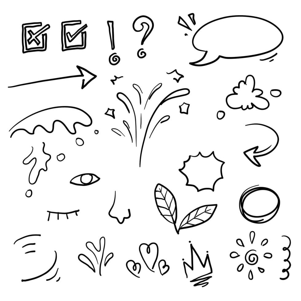 hand drawn doodle element. consists of Arrow, heart, love, star, leaf, sun, light, flower, crown, king, queen,Swishes, swoops, emphasis ,swirl, heart, for concept design. doodle vector
