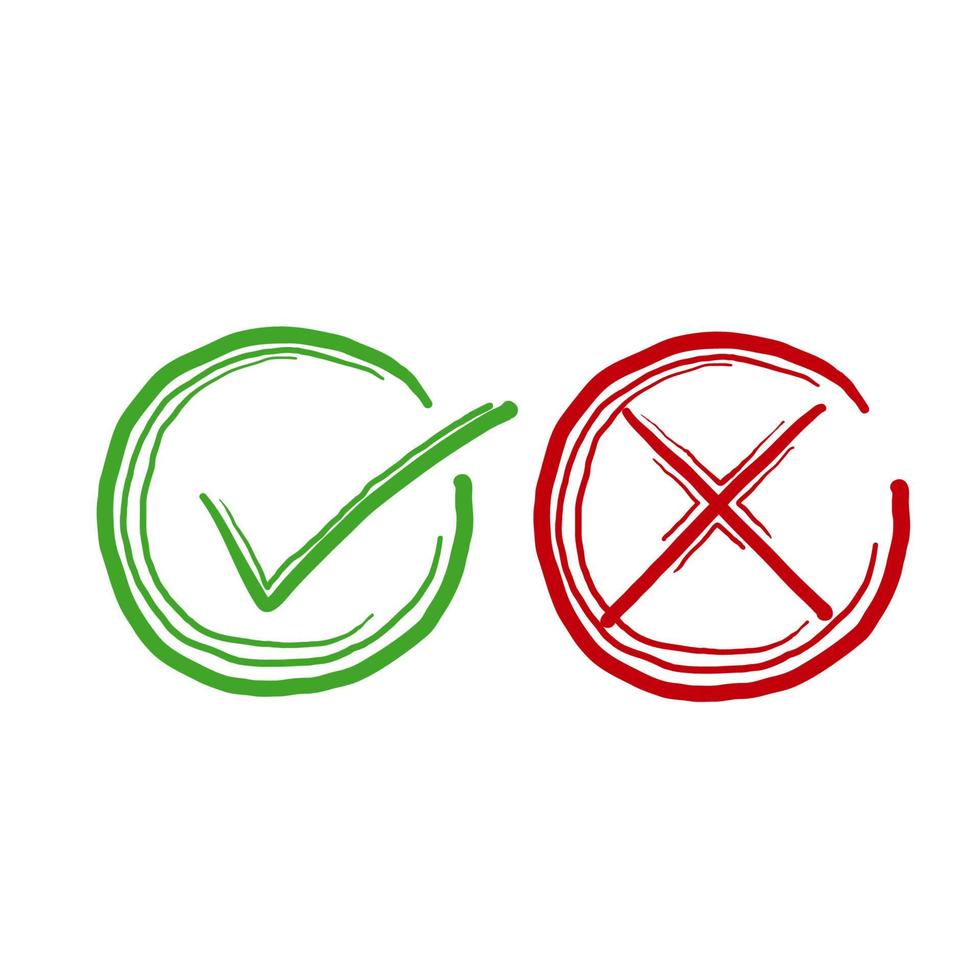 símbolo de marca verde dibujado a mano y signo de cruz roja en círculo. iconos para el cuestionario de evaluación. vector. garabatear vector