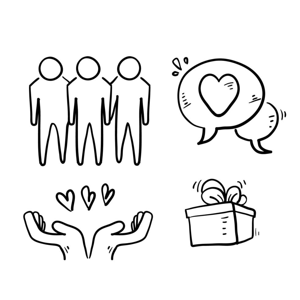 iconos de doodle de amistad y amor dibujados a mano. interacción, entendimiento mutuo y asistencia empresarial. confianza, iconos de responsabilidad social. vector