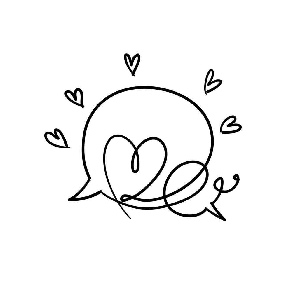 Discurso de burbuja dibujado a mano con doodle de vector de ilustración de símbolo de amor de corazón