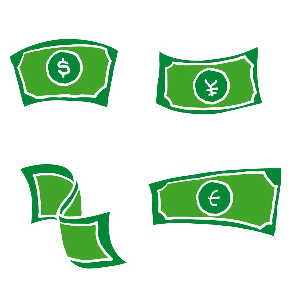 hand drawn Cartoon falling money bills. Flying green dollar bill, usd currency. American money float banknotes, banking finance investment or jackpot win. doodle vector