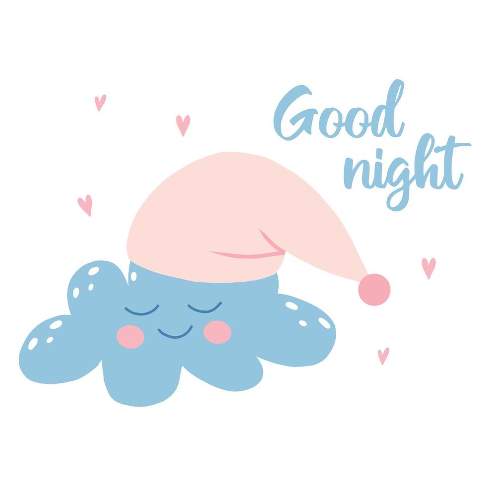 ilustración vectorial de una nube con gorra. ilustración de una linda nube con corazones. buenas noches letras. buenas noches ilustración. vector