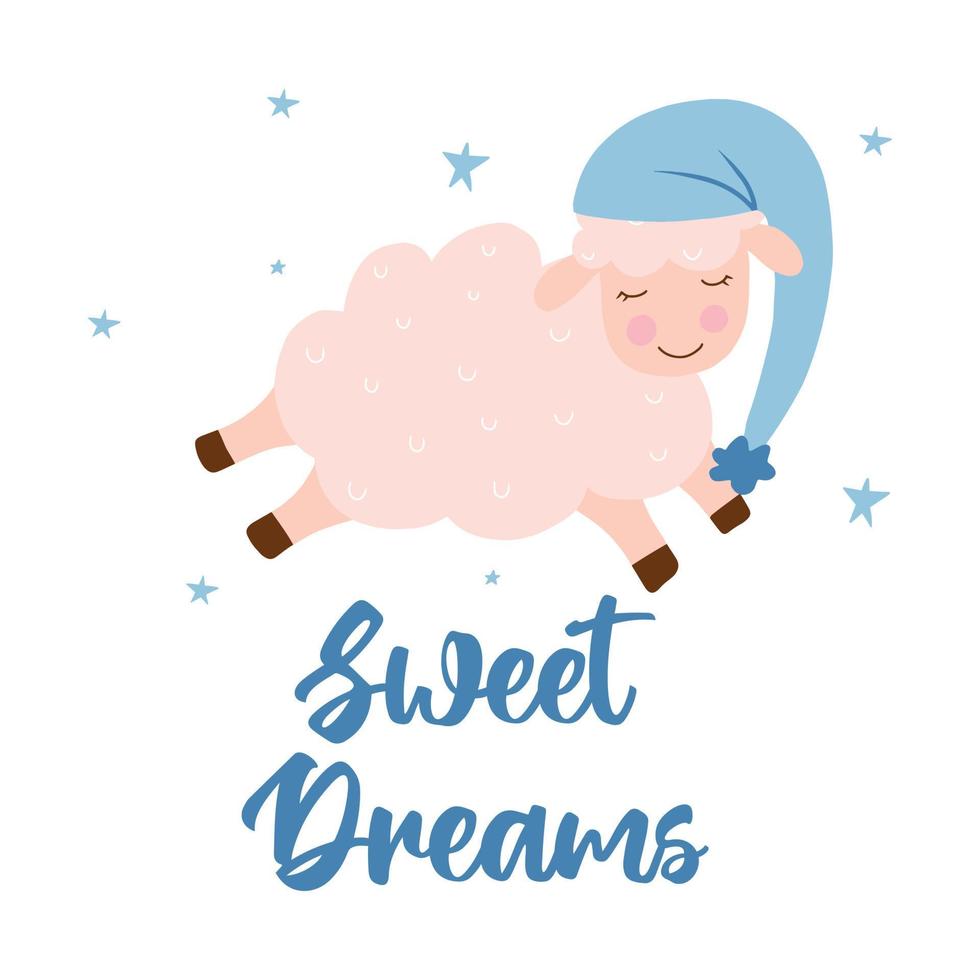 ilustración vectorial de una linda oveja con estrellas. cartel infantil con una oveja feliz. cartel para la guardería. dulces sueños. vector