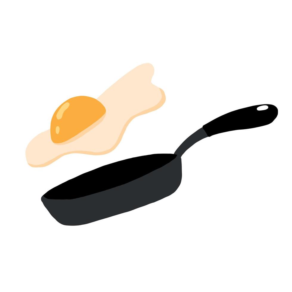 Vector illustration of scrambled eggs in a frying pan. Drawn style. Fried egg in a pan. Egg breakfast illustration.