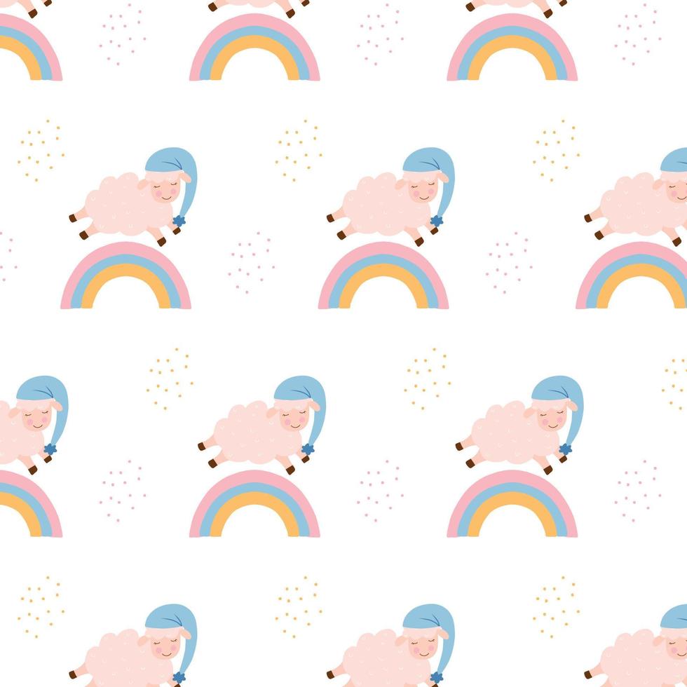 Vector pattern with rainbow and sheep. The sheep jumps over the rainbow. Childish cute pattern with sheep.