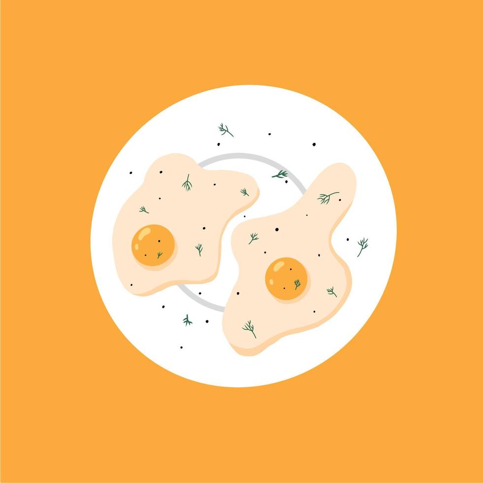 Vector illustration of fried eggs with greens . Omelet on a plate. breakfast concept.