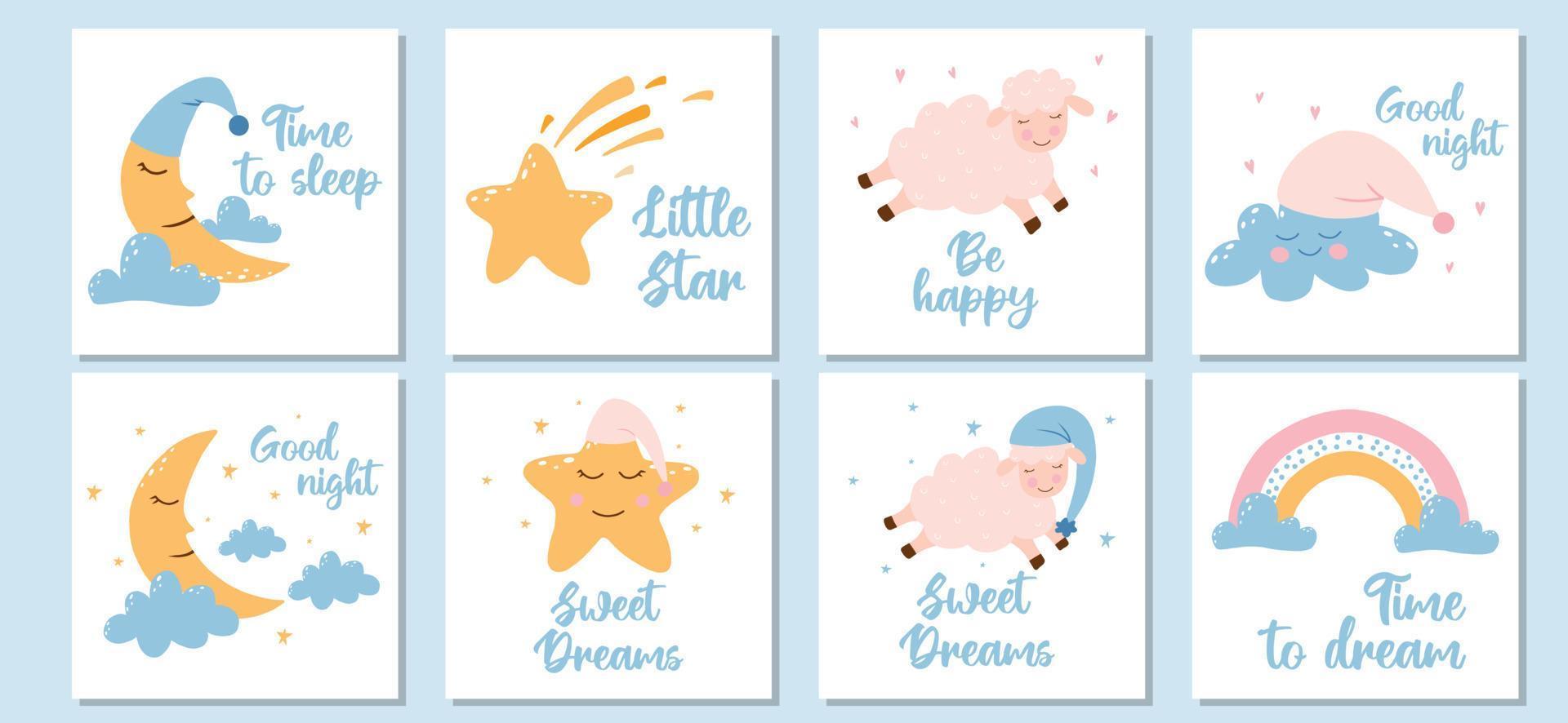 conjunto vectorial de carteles de buenas noches. lindo juego de postales dibujadas a mano con lindas nubes, ovejas y estrellas. vector