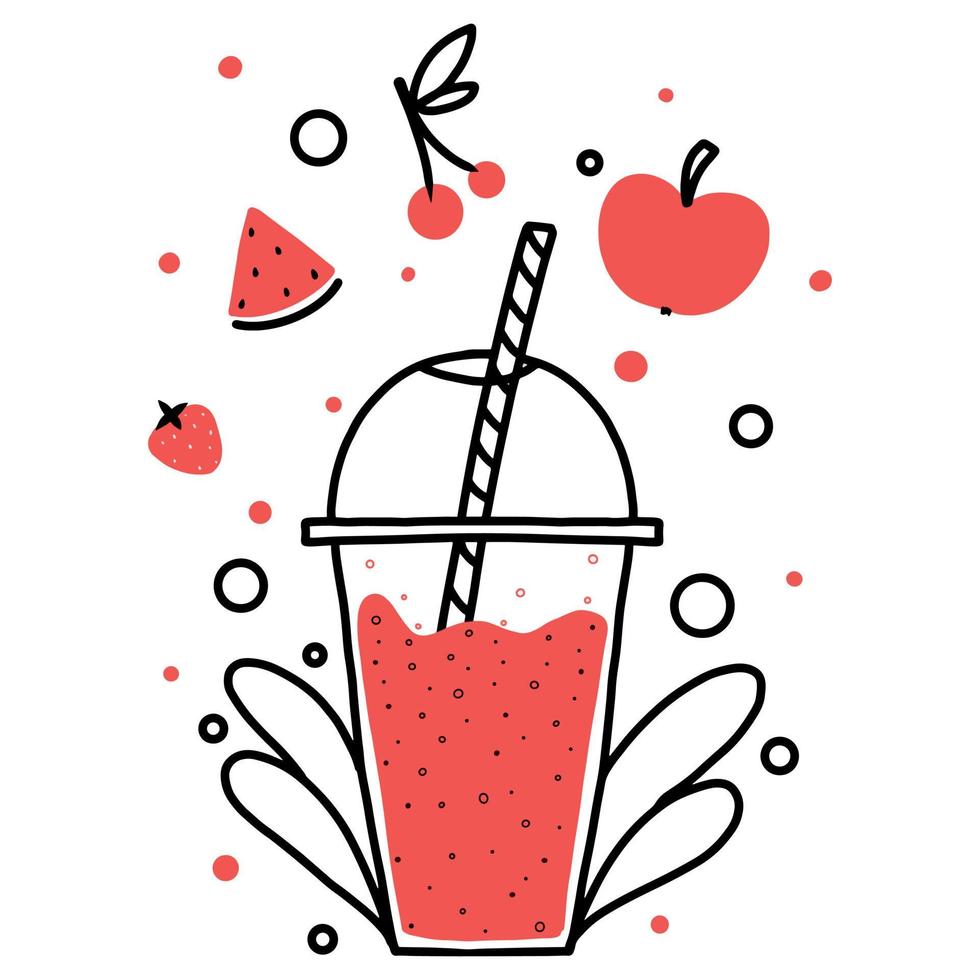 Smoothie glass vector illustration. Red fruit smoothie.Doodle style.