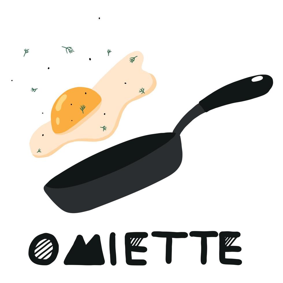 ilustración vectorial de huevos revueltos en una sartén. estilo dibujado. huevo frito en una sartén. ilustración de desayuno de huevo. tortilla de letras. vector