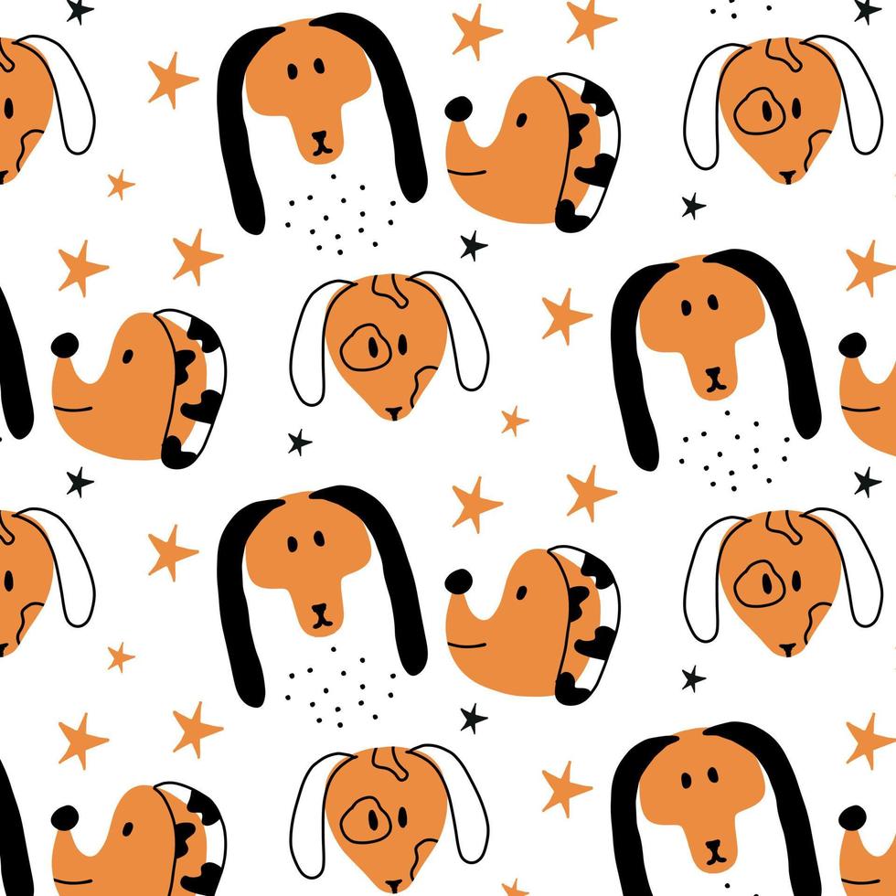 Childrens hand-drawn pattern with dog faces. Pattern with cute dogs. Doodle style. vector