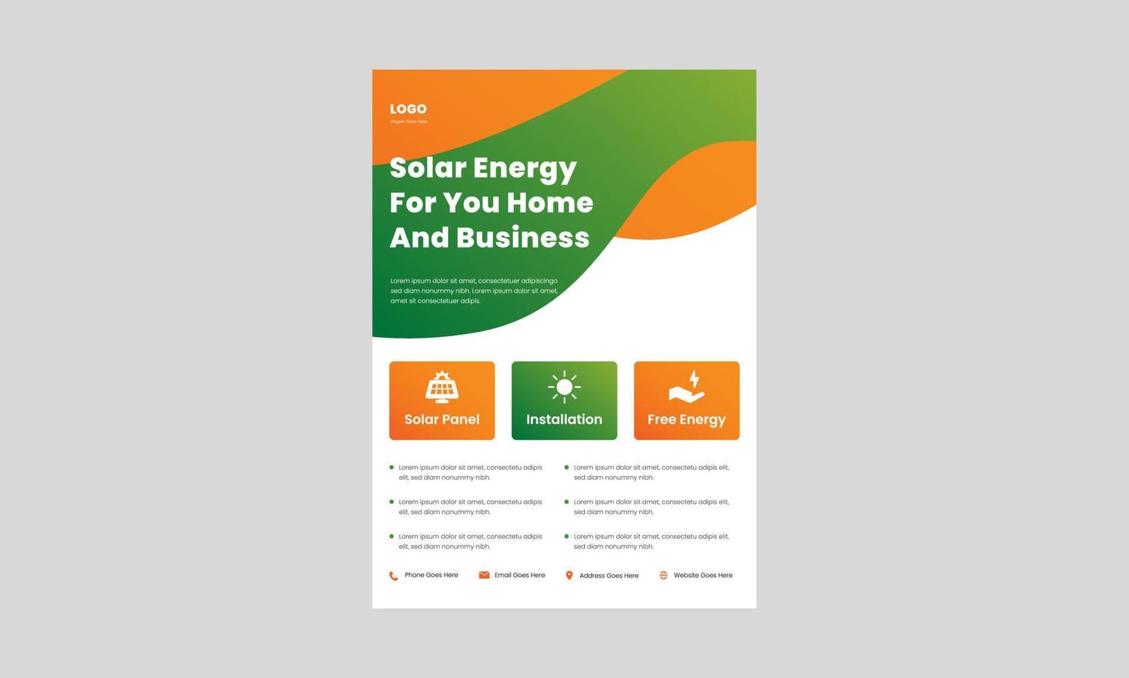 solar energy go green save energy flyer design template. solar systems for your home and business poster, leaflet design. vector
