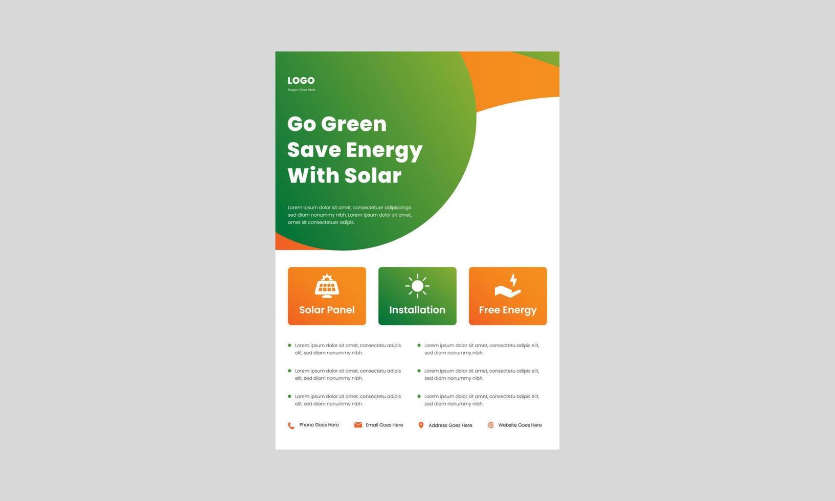 solar energy go green save energy flyer design template. solar systems for your home and business poster, leaflet design. vector