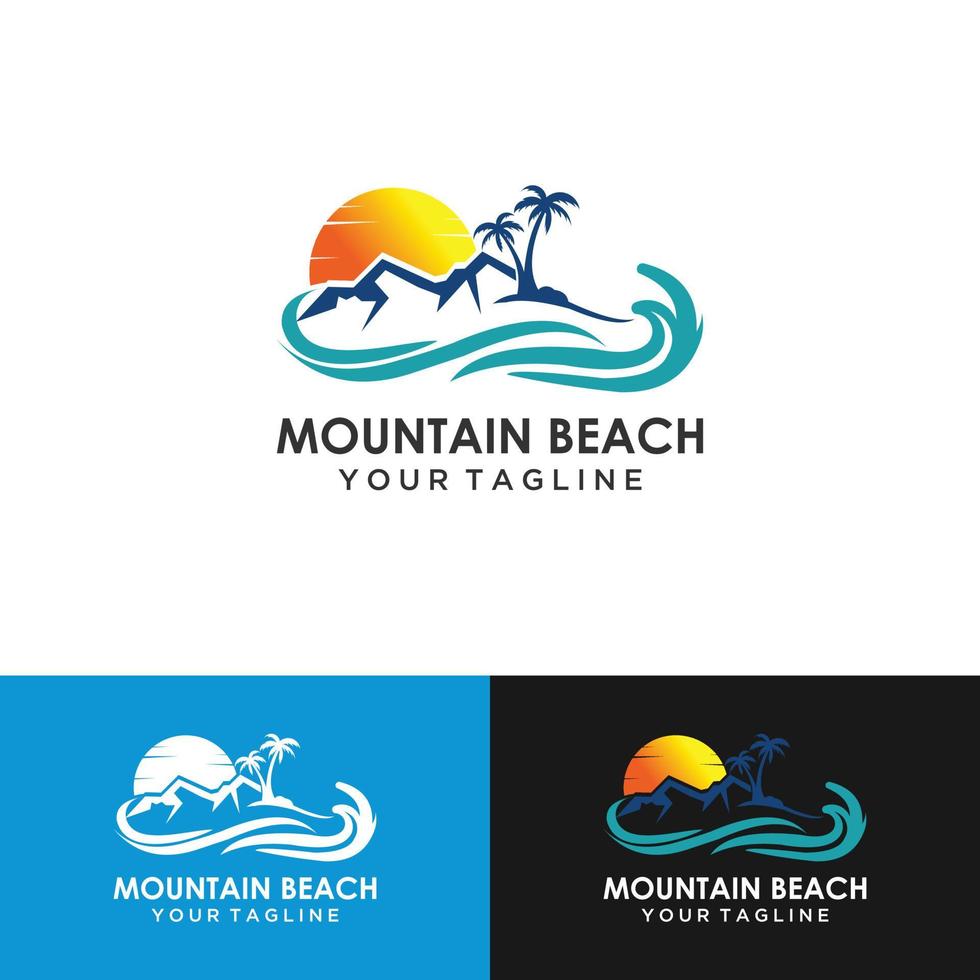 Mountain Beach Scenery Logo Design Template, Hills lake, island travel logo. vector