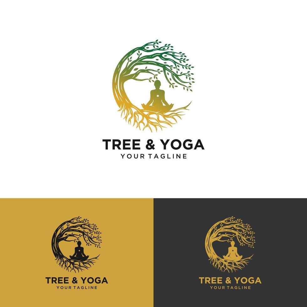 logo de yoga árbol. silueta de una persona en meditación en un marco redondo. la imagen de la naturaleza, el árbol de la vida. diseño del emblema del tronco, hojas, corona y raíces del árbol. vector logo de yoga,