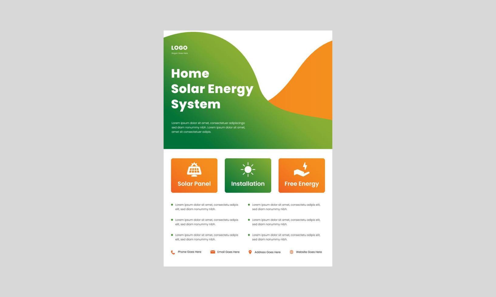 plantilla de diseño de volante de ahorro de energía verde de energía solar. sistemas solares para su hogar y afiche comercial, diseño de folletos. vector