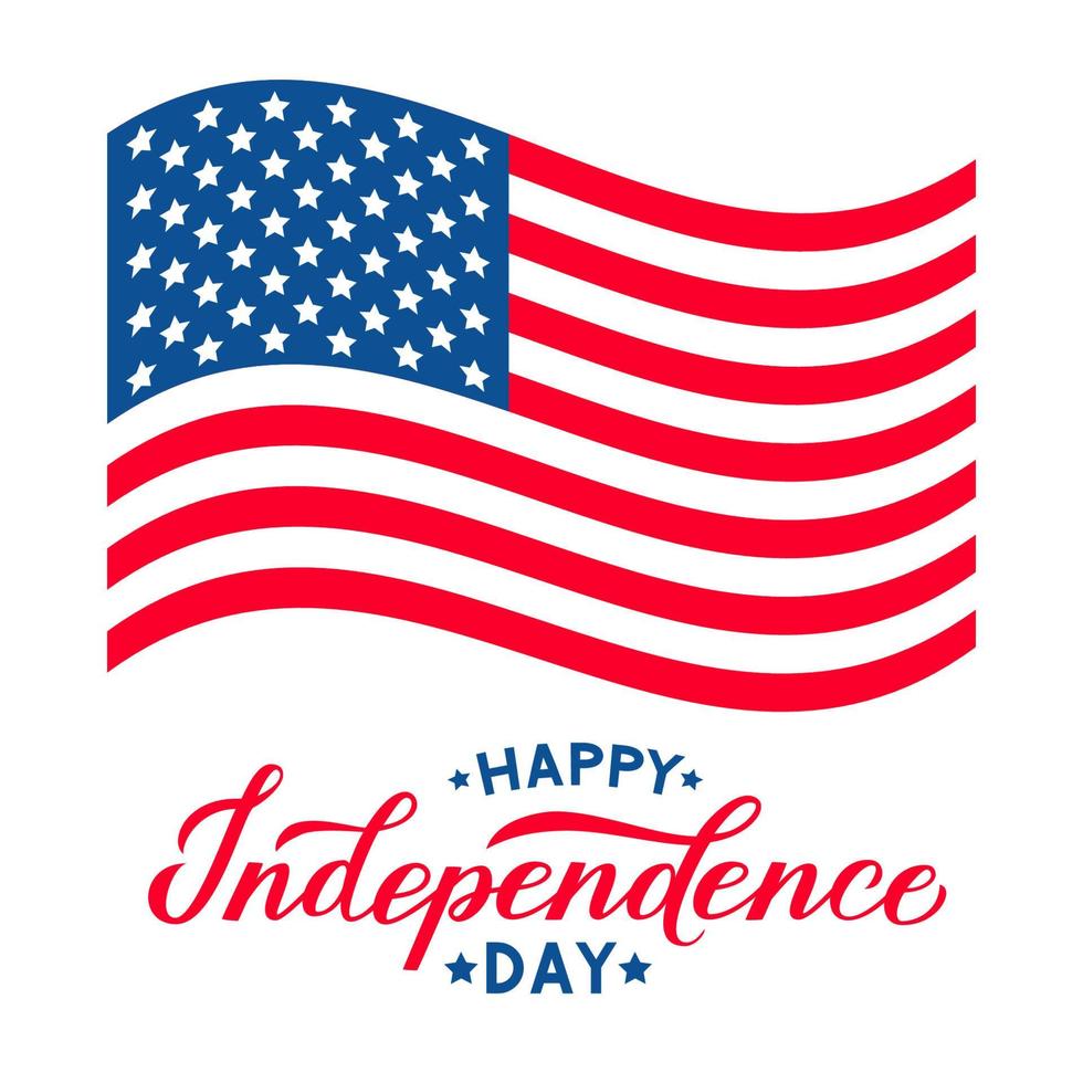 Happy Independence Day calligraphy hand lettering and USA flag isolated on white. 4th of July celebration poster. Easy to edit vector template for logo design, t-shot, greeting card, banner, flyer.