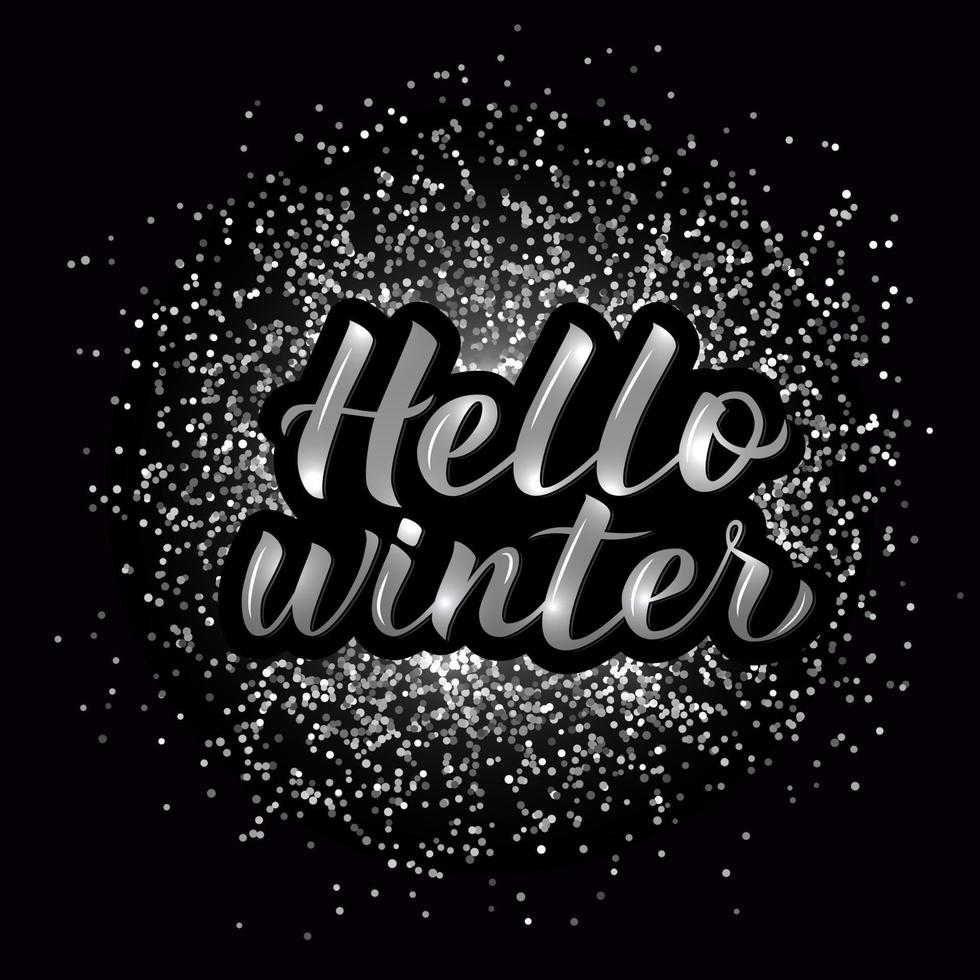 Hello Winter calligraphy lettering silver textured background. 3d hand lettering. Winter party disco typography poster. Vector illustration.