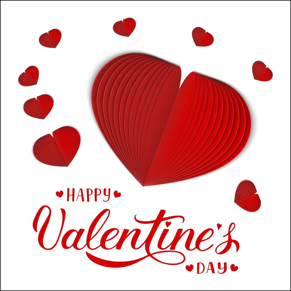 tarjeta de felicitación del día de san valentín con letras de caligrafía y corazón de papel rojo. corazón plegado 3d realista. símbolo de amor. ilustración vectorial plantilla fácil de editar para sus proyectos de diseño. vector