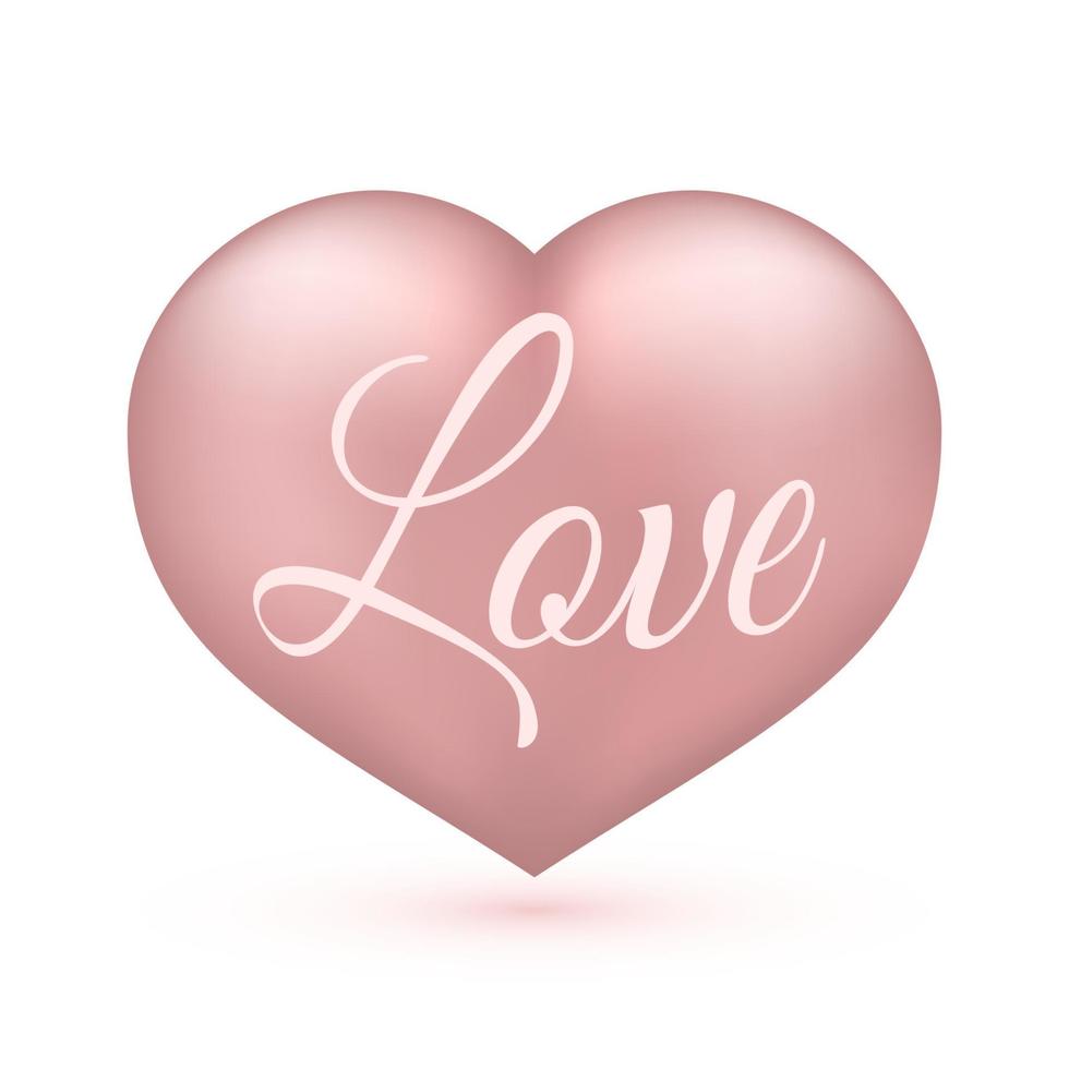 corazón rosa suave realista con amor escrito en él. aislado en blanco fondo de la tarjeta de felicitación del día de san valentín. icono 3d. ilustración vectorial romántica. plantilla de diseño fácil de editar. vector