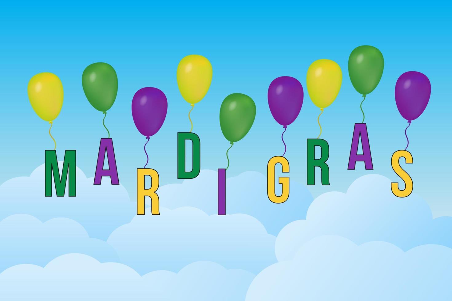 Mardi Gras carnival vector background with green, purple and yellow balloons in the sky. Easy to edit design template for your  projects.