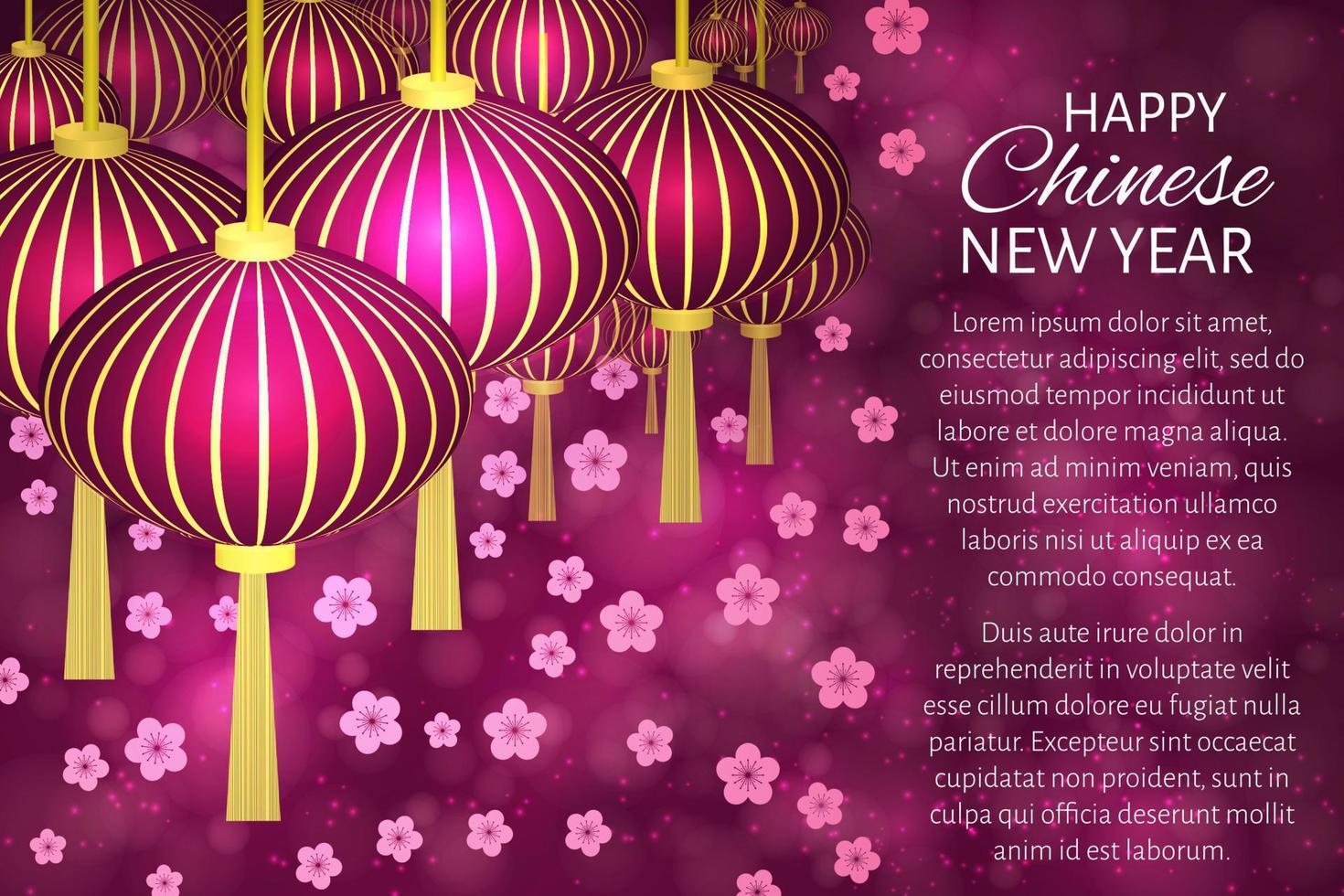 Chinese New Year vector illustration with lanterns and cherry blossom on bokeh background. Easy to edit design template. Can be used as greeting cards, banners, invitations etc.