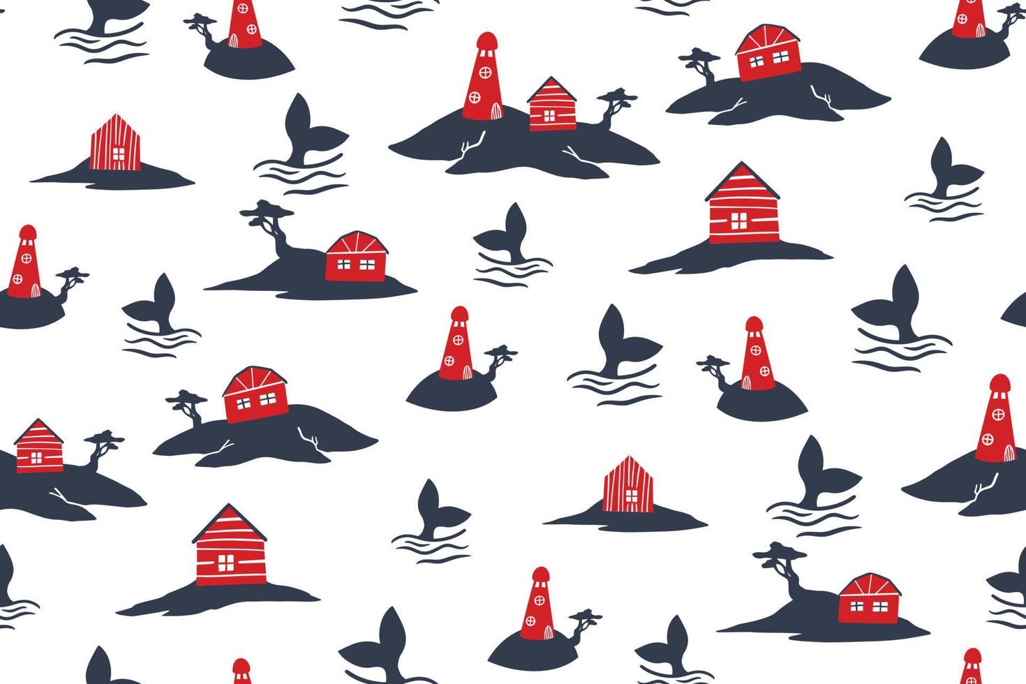 sea village seamless pattern with lighthouse, fishermen s houses and whale tails vector