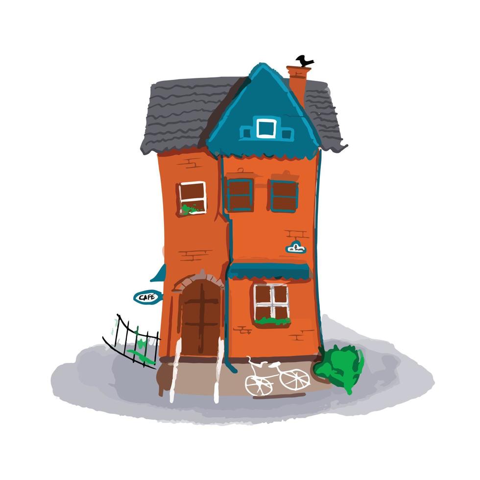 One Hand-drawn Cartoon European House and a cafe around the corner. vector