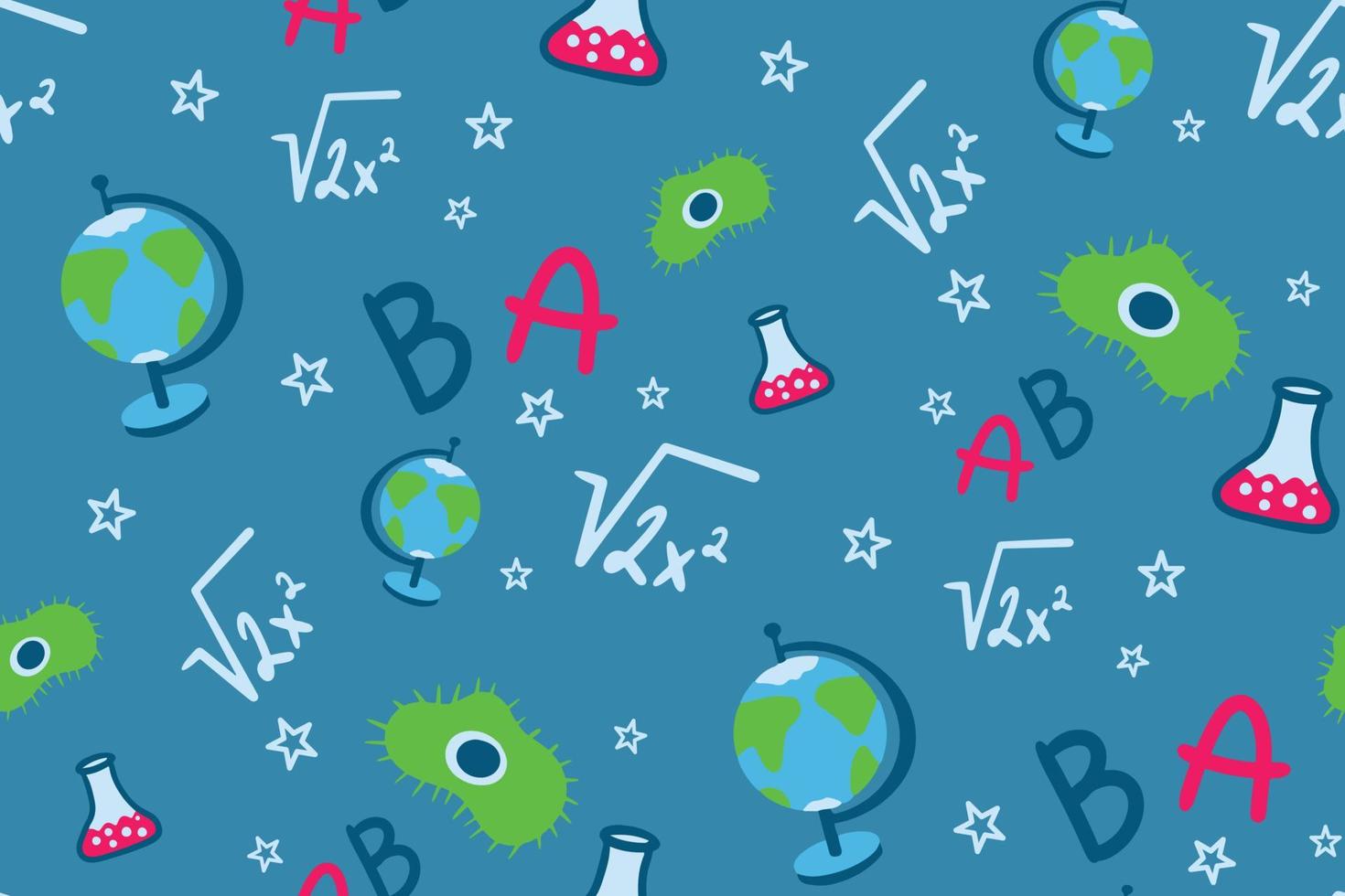 Seamless pattern with school sciences. Amoeba, Alphabet, globe, bulb, Square root vector