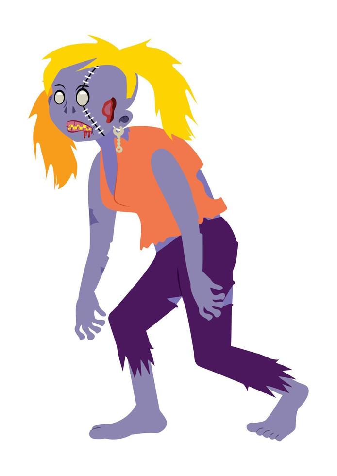 chica zombie aterradora. caricatura, vector, ilustración, de, rubio, zombi, niña, aislado, blanco, plano de fondo vector