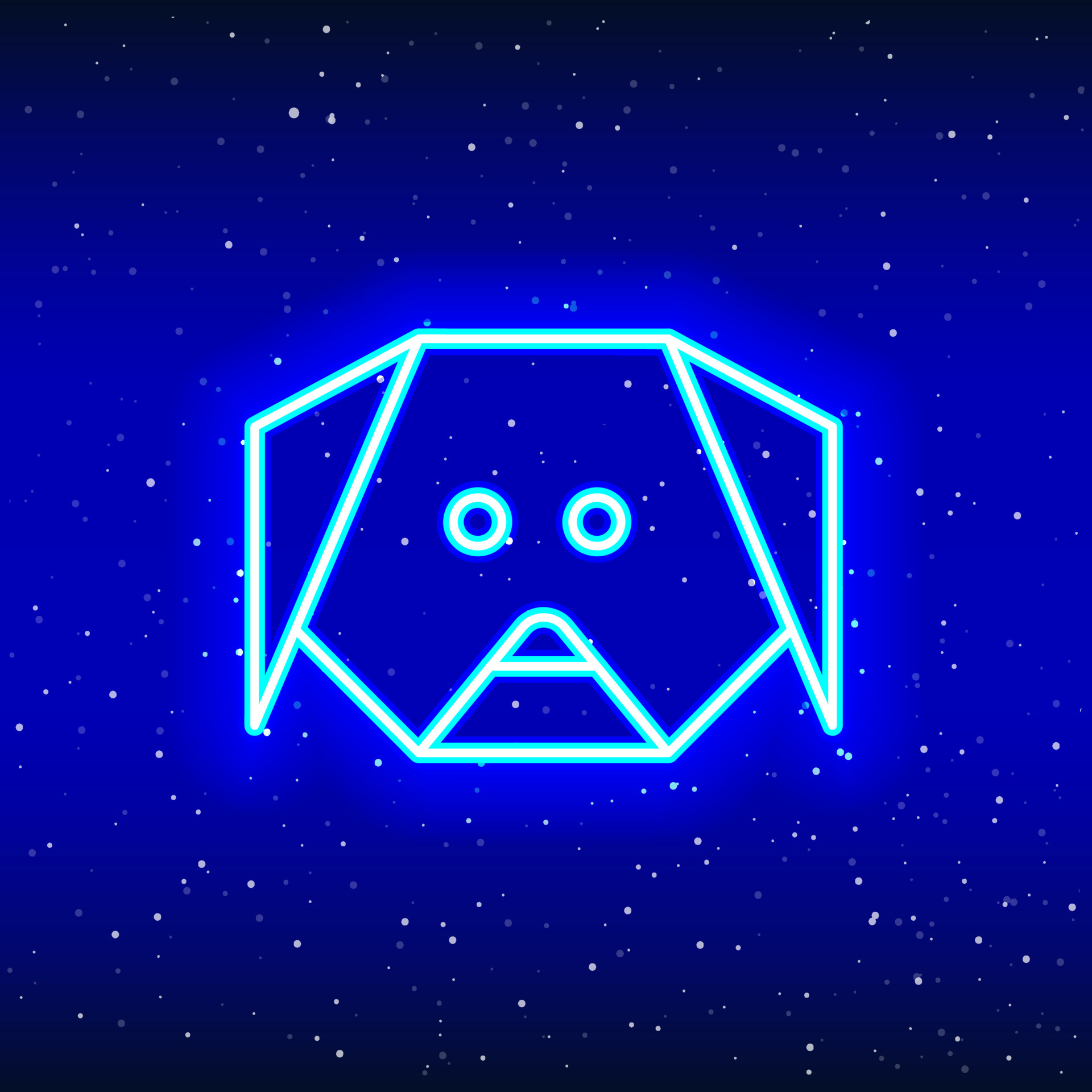 Neon blue origami dog face icon. Midnight blue. The art of folding