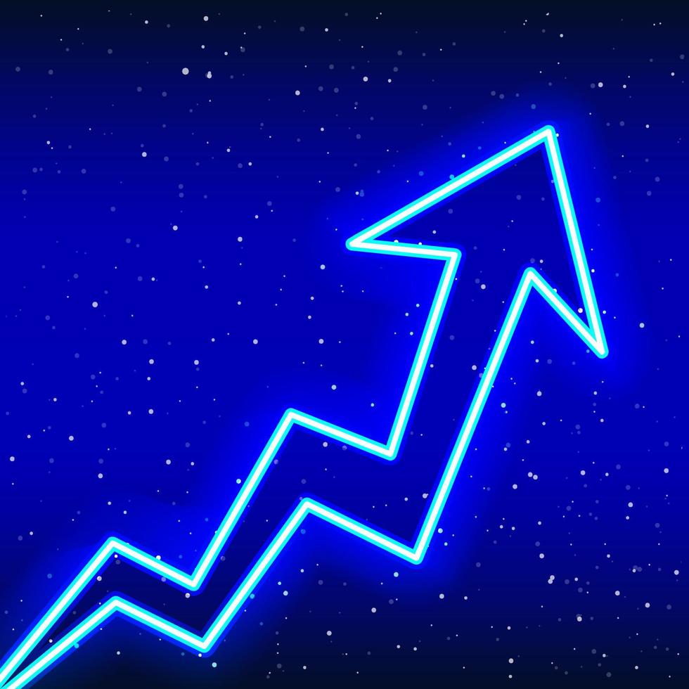 Neon blue upward rising electric arrow. Success-Idea phase. Curved arrow sign rising from the ground. Neon 3d arrow sign. Realistic neon icon. Linear icon on blue background. Writing area vector