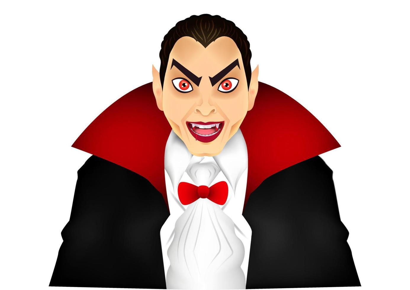 Realistic Dracula on white background. Vector illustration  a Vampire in a red cloak. Creepy silhouette of a vampire