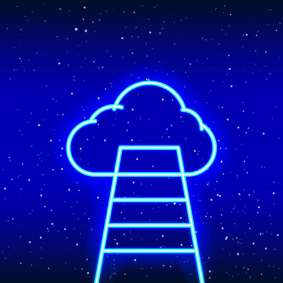 escalera azul neón al diseño del icono de las nubes. fase de idea de éxito. señal de escalera hacia las nubes que se elevan desde el suelo. escalera de neón e icono de nube icono de neón realista. icono lineal sobre fondo azul. vector