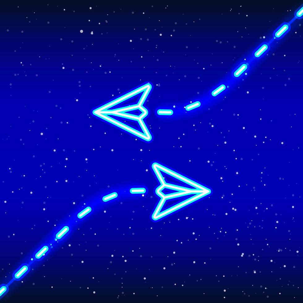 Airplane blue from neon paper. Idea phase. Neon collision avoidance airplane icon design. Realistic neon icon. Linear icon on blue background. vector