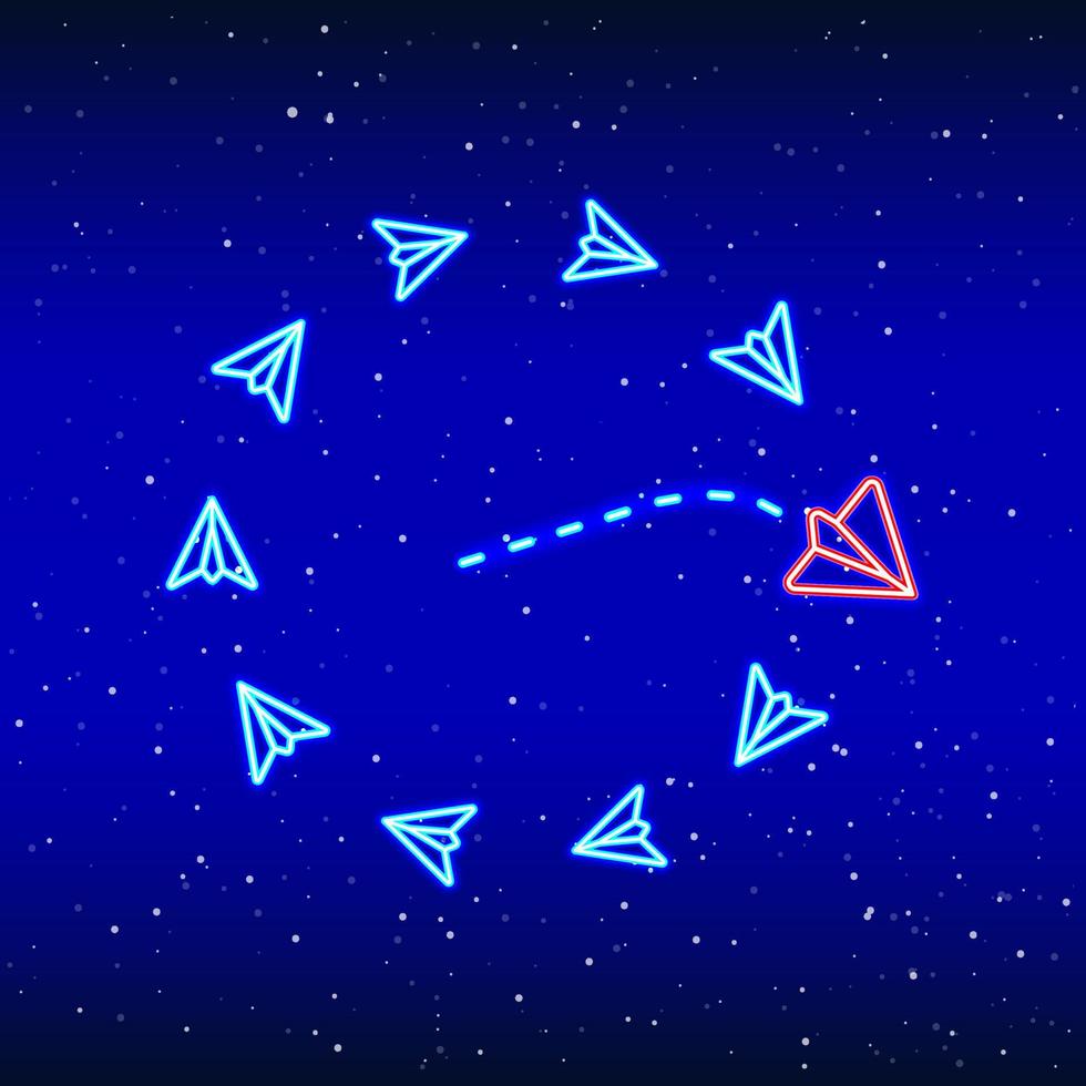 Airplane blue from neon circular paper. Neon leadership and divergent path symbol airplane icon design. Realistic neon icon. Idea phase. Linear icon on blue background. vector