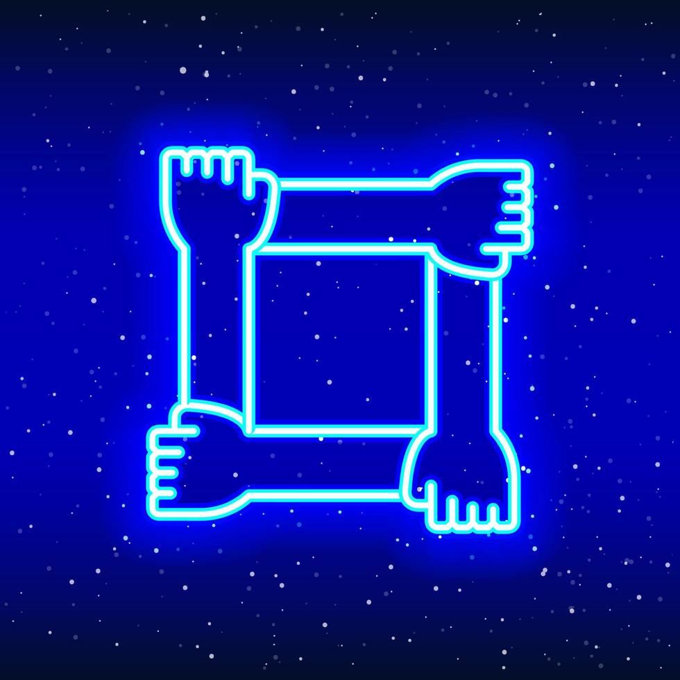 Neon luminous solidarity hand design. Intertwined hands. Linear hand success-power design. Glowing neon unity sign in space. Unique and realistic neon icon. Linear icon on blue background. vector