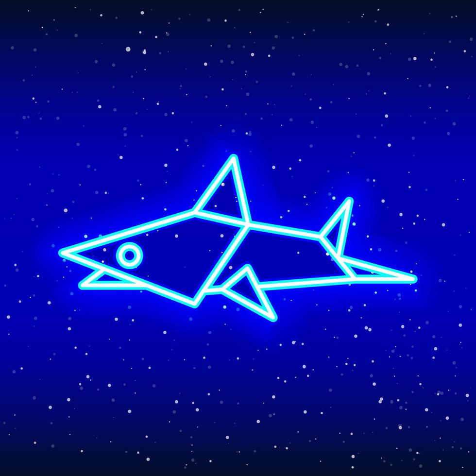 Neon blue origami shark icon. Midnight blue. The art of folding. Neon shark design. Realistic neon fish icon. Linear icon on white background. vector