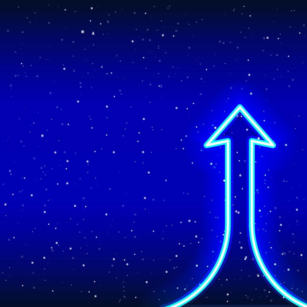 Neon blue upward rising arrow. Success-Idea phase. Arrow sign rising from the ground. Neon 3d arrow sign. Realistic neon icon. Linear icon on blue background. Writing area vector