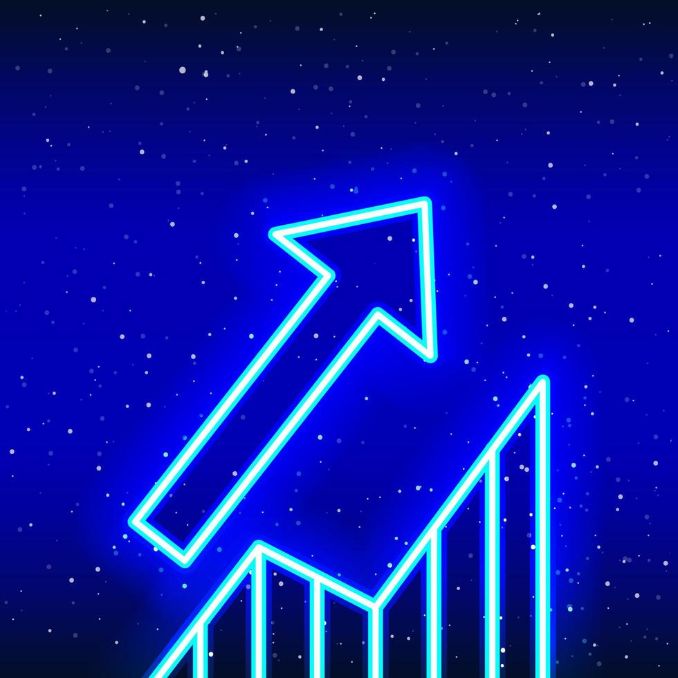 Neon blue upward moving arrow graphic. Success-Idea phase. Neon arrow sign up graphic. Realistic neon icon. Linear icon on blue background. vector