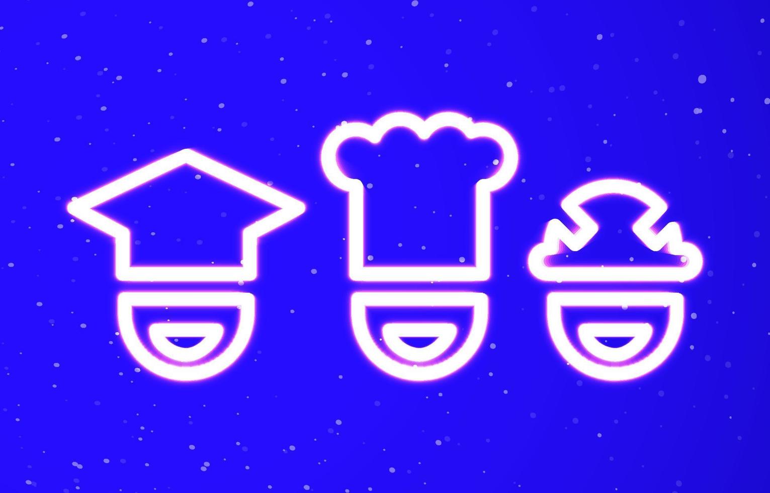 El perfil de chef, trabajador y graduado se enfrenta a la colección especial de neón. Instale el exclusivo vector de carita lineal de neón súper brillante. estallido de luz icono de neón lineal de elemento de diseño. gran anuncio cada noche banner.