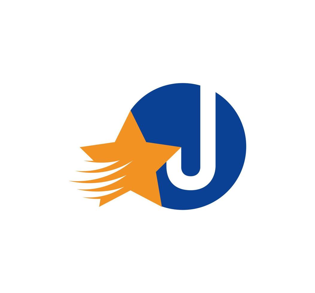 J letter logo and creative flying star. Corporate logo initials in round emblem. vector