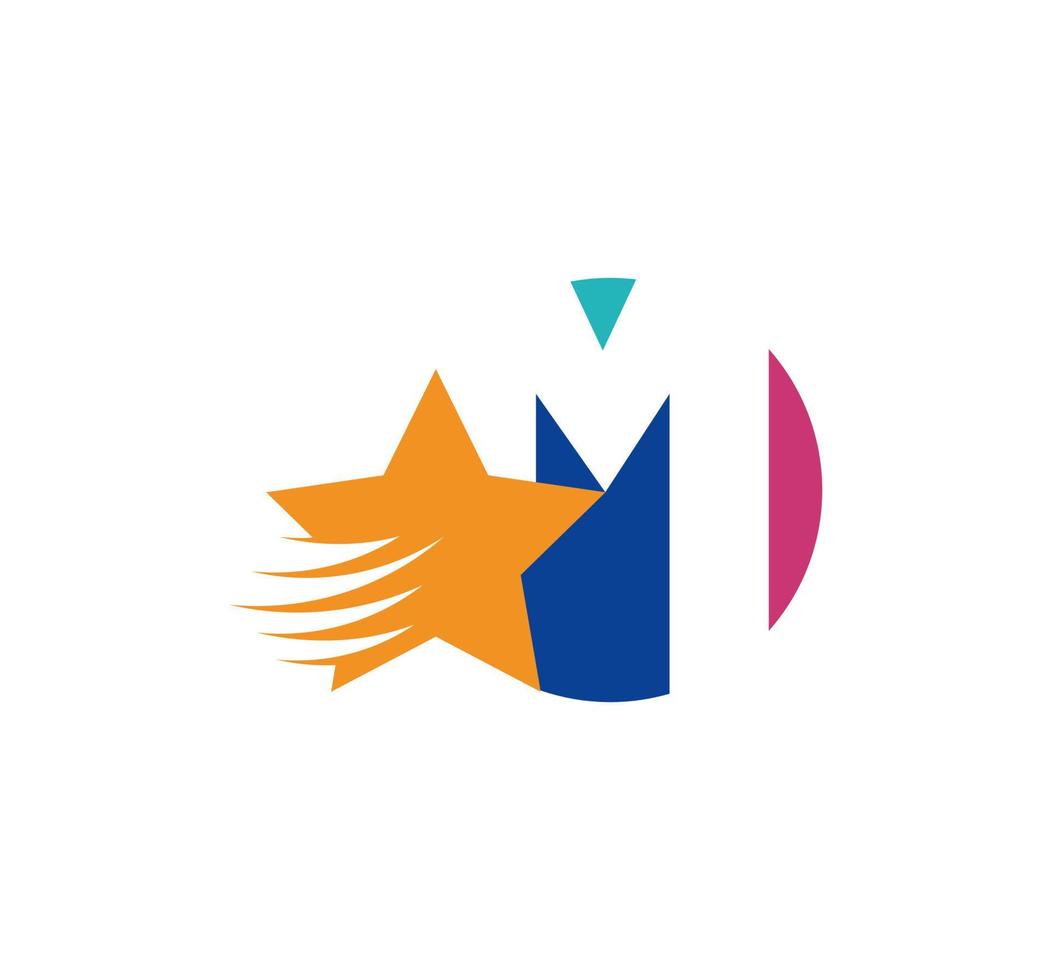M letter logo and creative flying star. Corporate logo initials in round emblem. vector