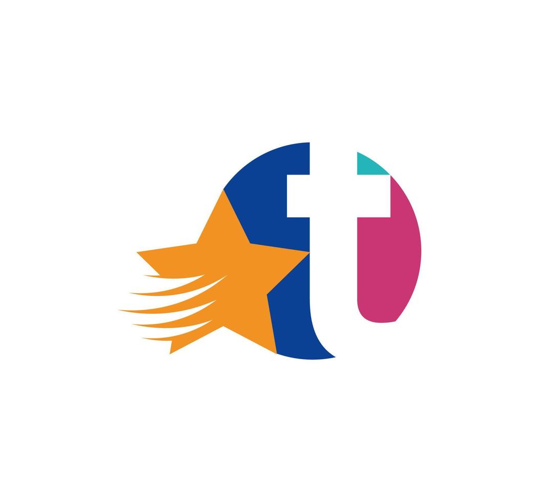 T letter logo and creative flying star. Corporate logo initials in round emblem. vector