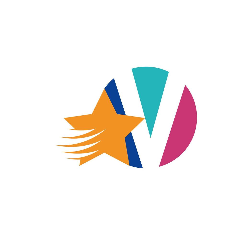 V letter logo and creative flying star. Corporate logo initials in round emblem. vector