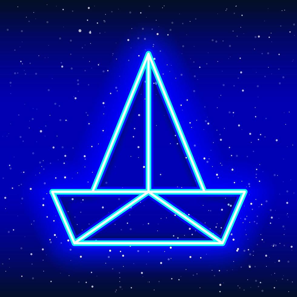 Neon blue origami ship icon. Midnight blue. The art of folding. Neon linear ship design. Realistic neon icon. Linear icon on White Background. vector