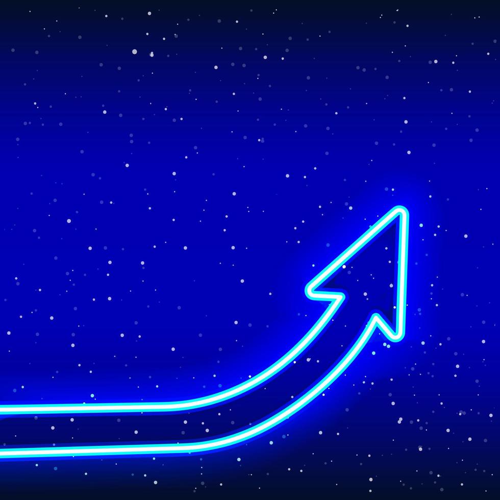 Neon blue upward rising arrow. Success-Idea phase. Arrow sign rising from the ground. Writing area. Neon 3d arrow sign. Realistic neon icon. Linear icon on blue background. vector