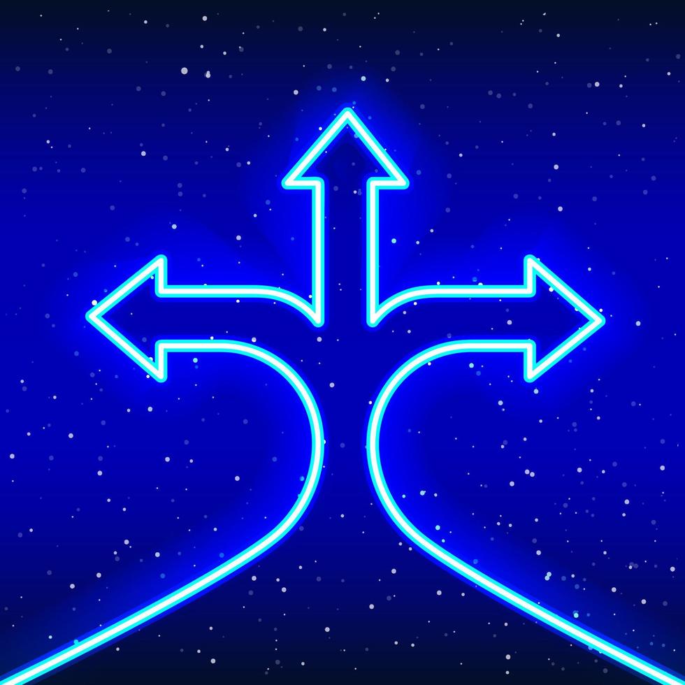 Neon blue 3 headed upward moving arrow. Success-Idea phase. Right and left direction sign. Neon 3d arrow sign. Realistic neon icon. Linear icon on blue background. vector