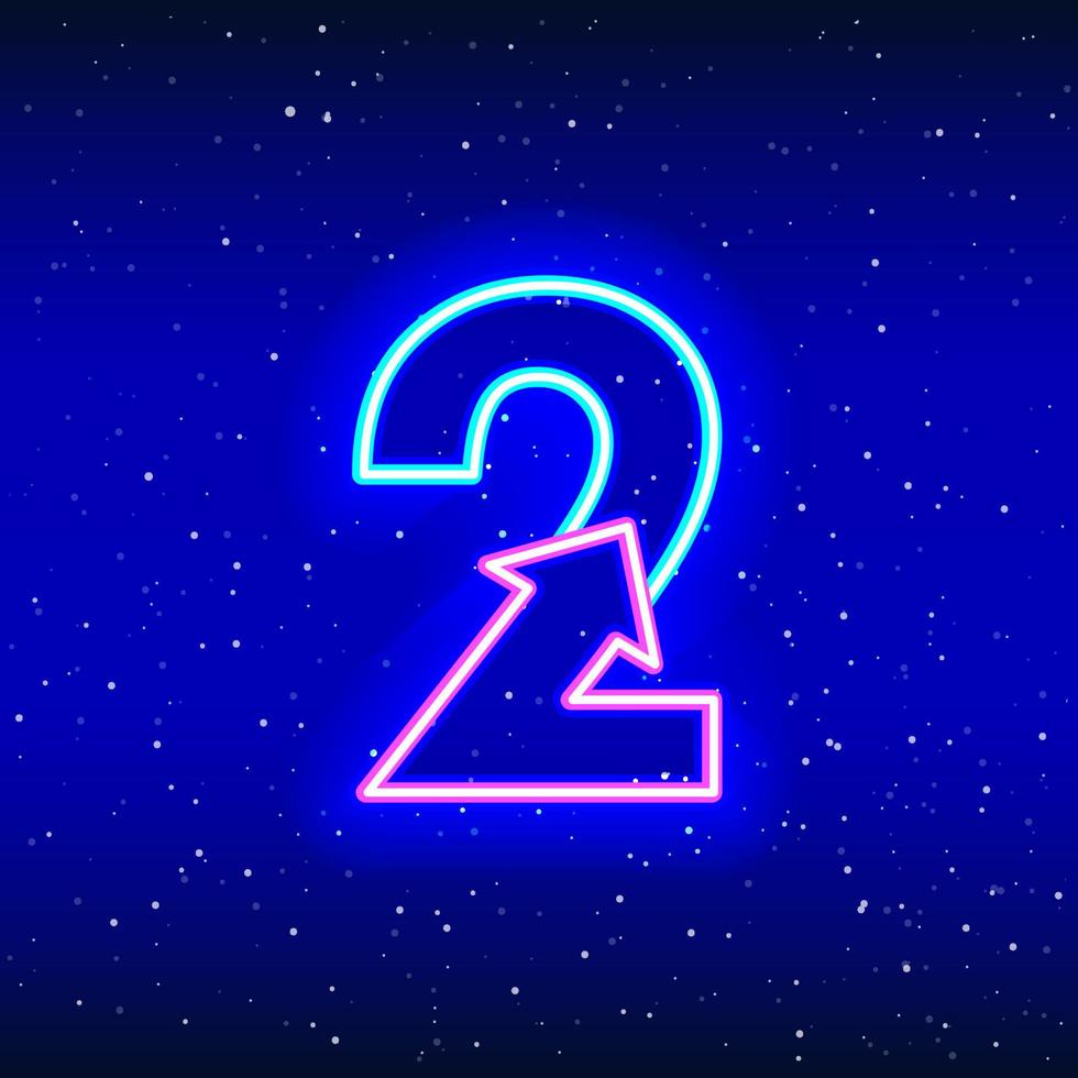 Number 2 and arrow sign icon in neon blue and pink color. Arrowed numeral two of space stars. Neon linear digit design. Realistic neon icon. Linear icon on blue background. vector