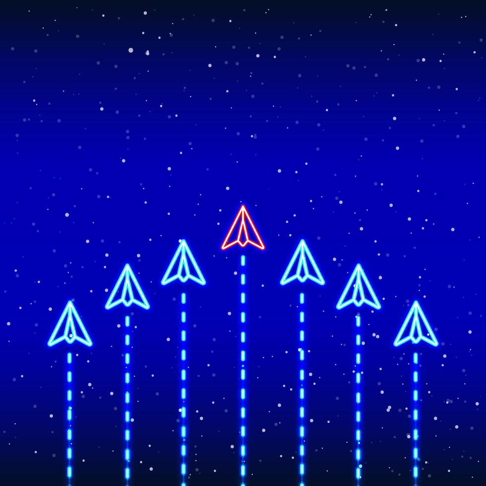 Airplane blue from neon leadership and teamwork paper. Idea phase. Neon leading airplane icon design. Realistic neon icon. Linear icon on blue background. vector